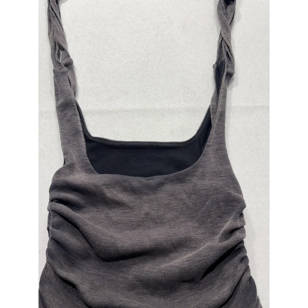Free People Tank Top Womens XS Gray Ruched Tie Strap Cropped Knit Summer Casual
